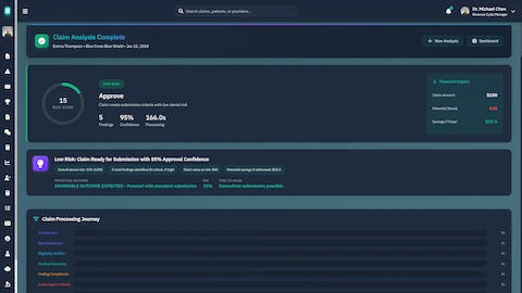 Illustrative preview (sample data, not verified outcomes): Claim Analysis Results - Complete denial risk assessment with approval recommendation, confidence scoring, and financial impact analysis