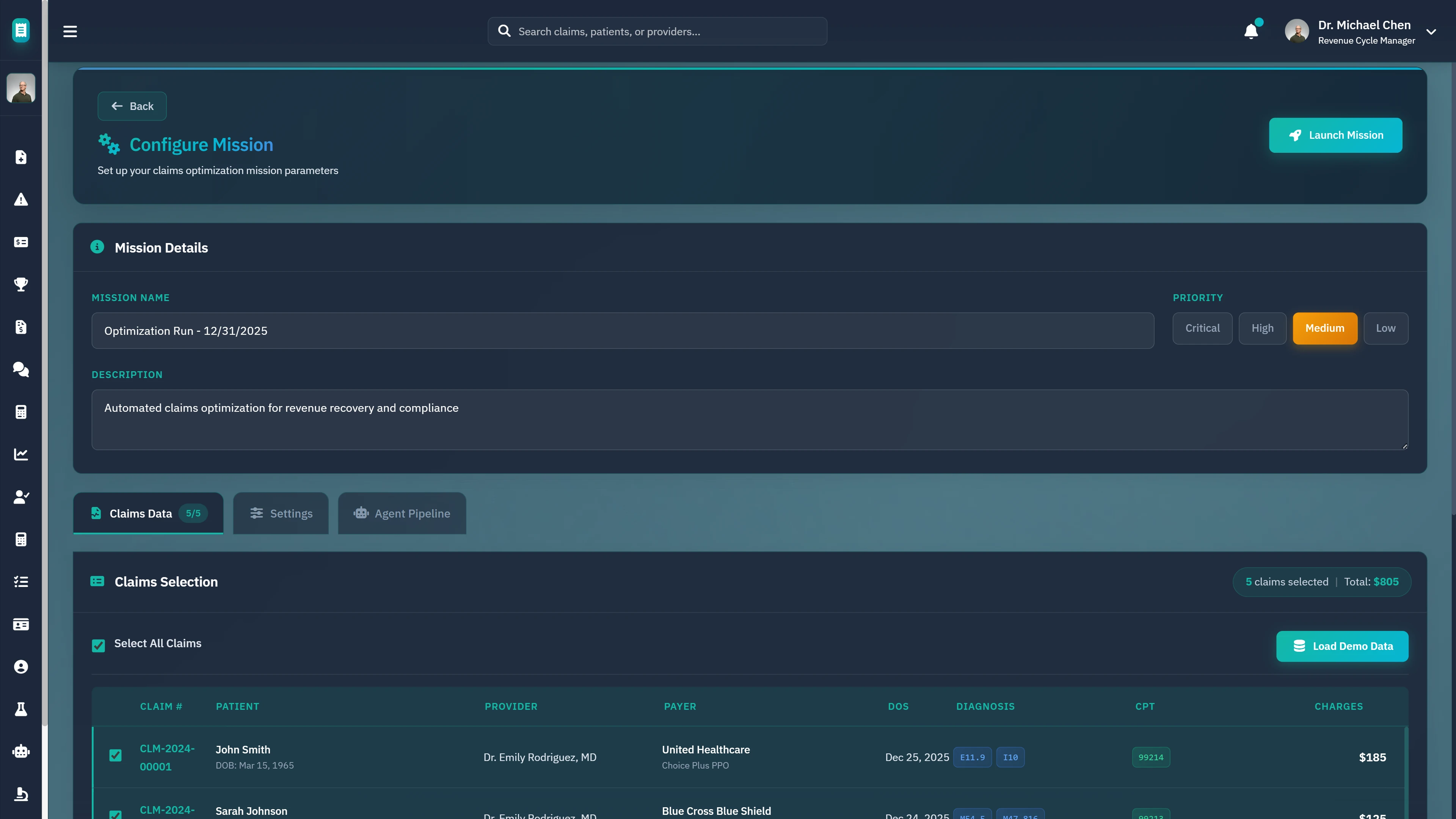 Illustrative preview (sample data, not verified outcomes): Mission Configuration Interface - Setup claims optimization mission parameters with batch claim selection and priority settings
