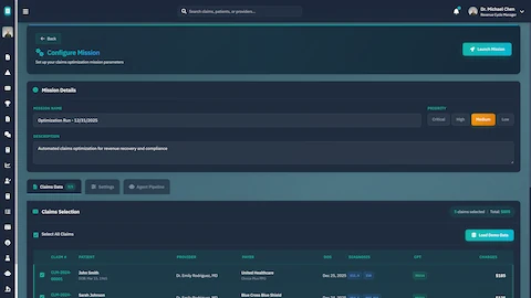 Illustrative preview (sample data, not verified outcomes): Mission Configuration Interface - Setup claims optimization mission parameters with batch claim selection and priority settings