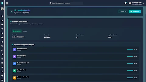 Illustrative preview (sample data, not verified outcomes): Mission Results Summary - Completed optimization analysis with agent execution performance metrics and confidence scores