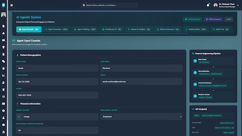 Illustrative preview (sample data, not verified outcomes): Agent Input Console - Patient demographics and financial information entry with feature engineering pipeline visualization