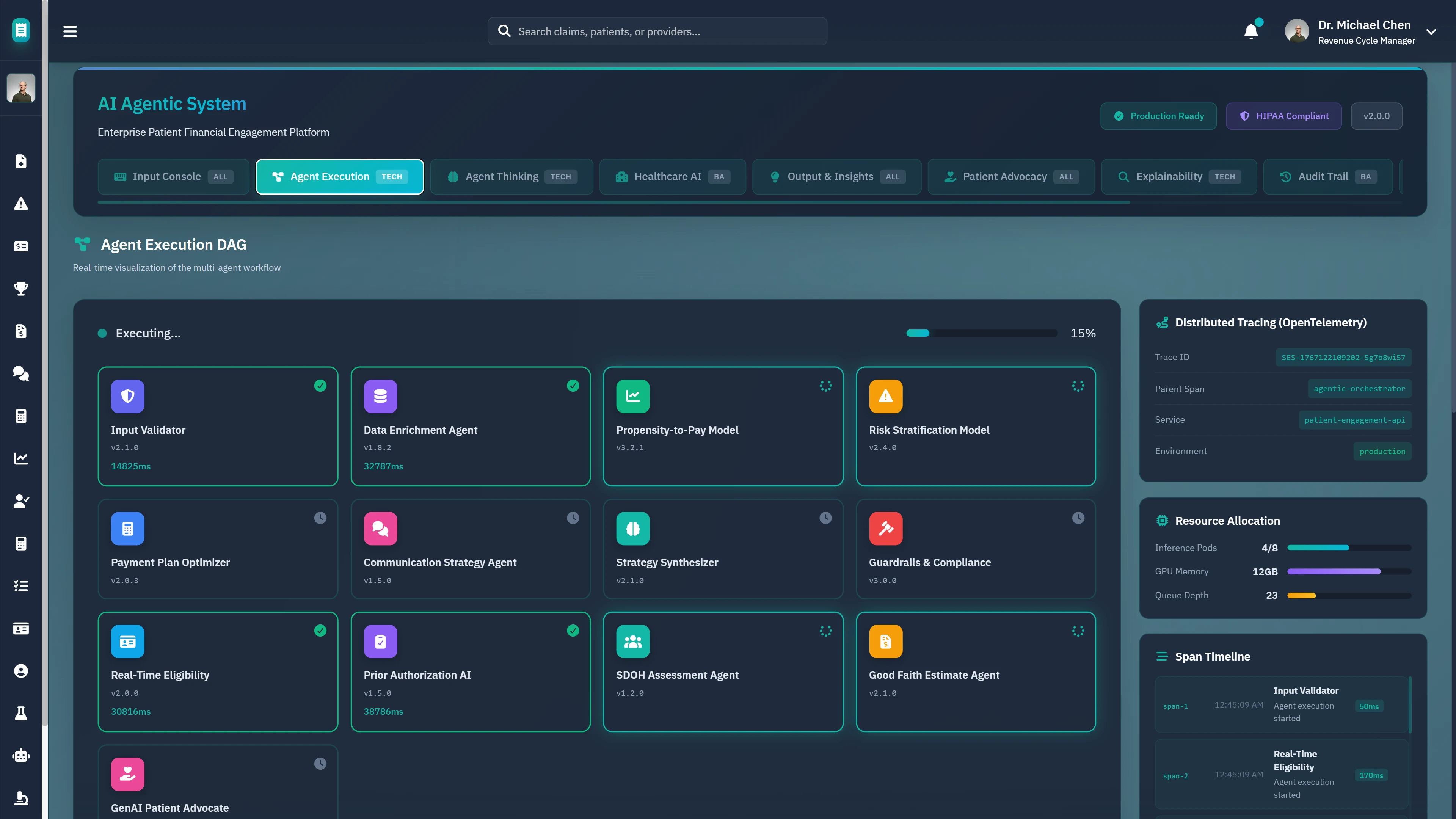 Illustrative preview (sample data, not verified outcomes): Agent Execution DAG - Real-time multi-agent workflow visualization showing 12 specialized agents with execution status and distributed tracing