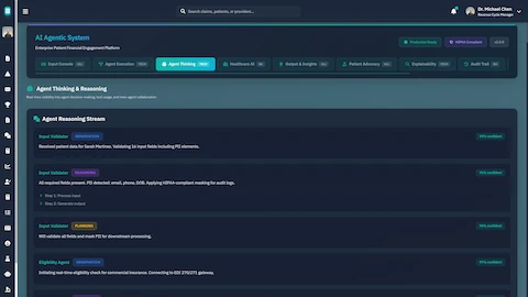 Illustrative preview (sample data, not verified outcomes): Agent Thinking & Reasoning Stream - Live visibility into agent decision-making with observations, reasoning chains, and planning steps