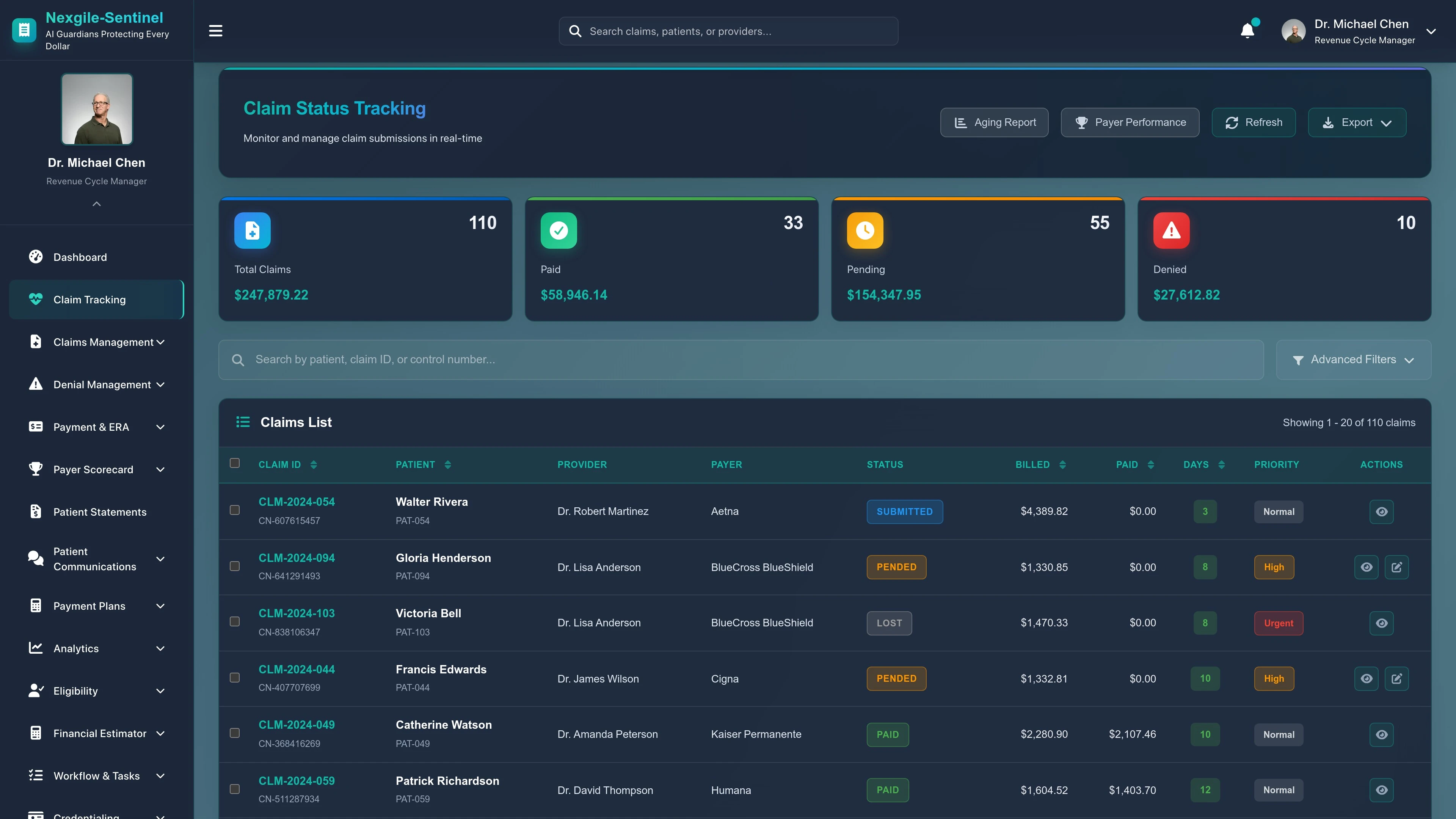 Illustrative preview (sample data, not verified outcomes): Claim Tracking Portal - Main Dashboard