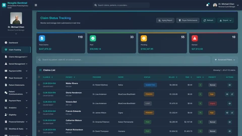Illustrative preview (sample data, not verified outcomes): Claim Tracking Portal - Main Dashboard