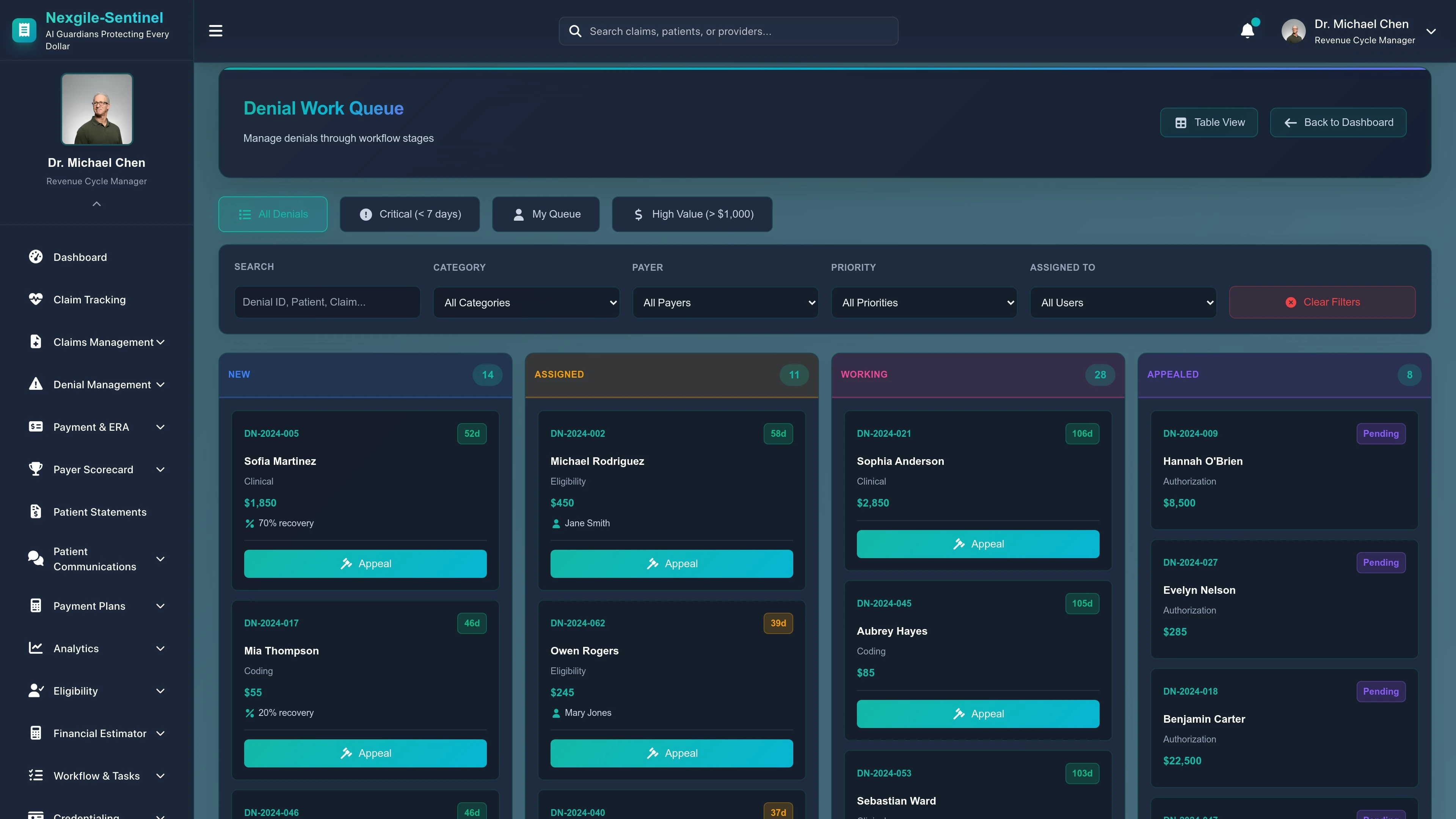 Illustrative preview (sample data, not verified outcomes): Denial Management Work Queue Interface