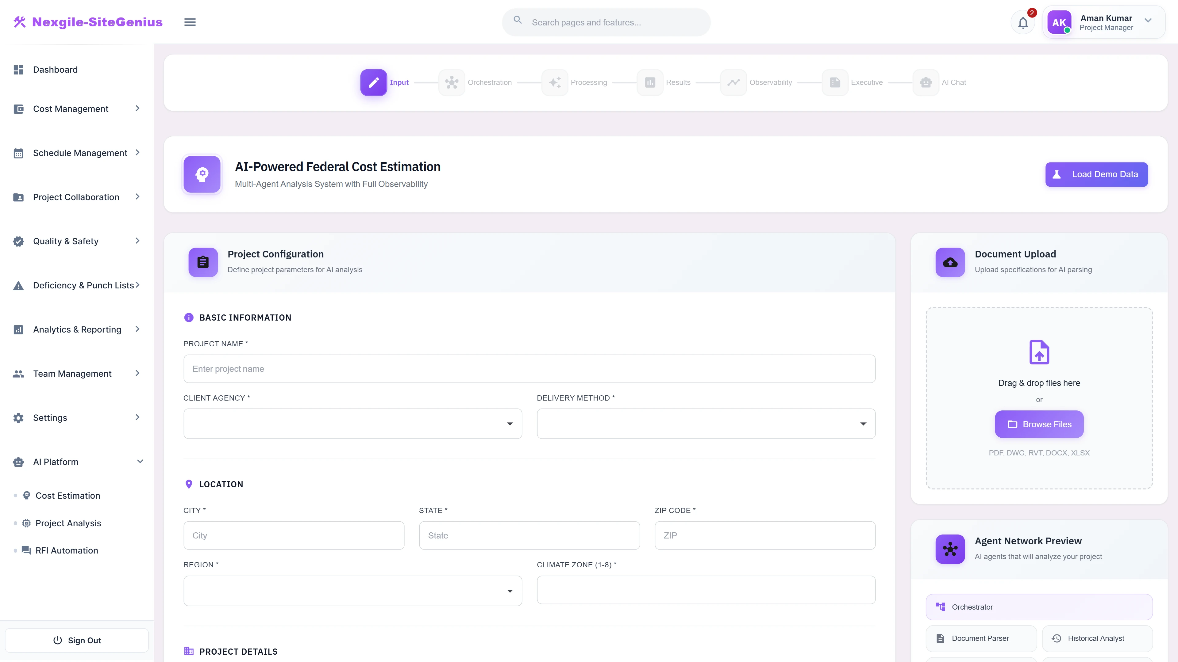 Illustrative preview (sample data, not verified outcomes): Project Configuration - Input wizard for defining project parameters, location, and uploading documents for AI-powered cost estimation.