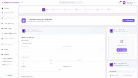 Illustrative preview (sample data, not verified outcomes): Project Configuration - Input wizard for defining project parameters, location, and uploading documents for AI-powered cost estimation.