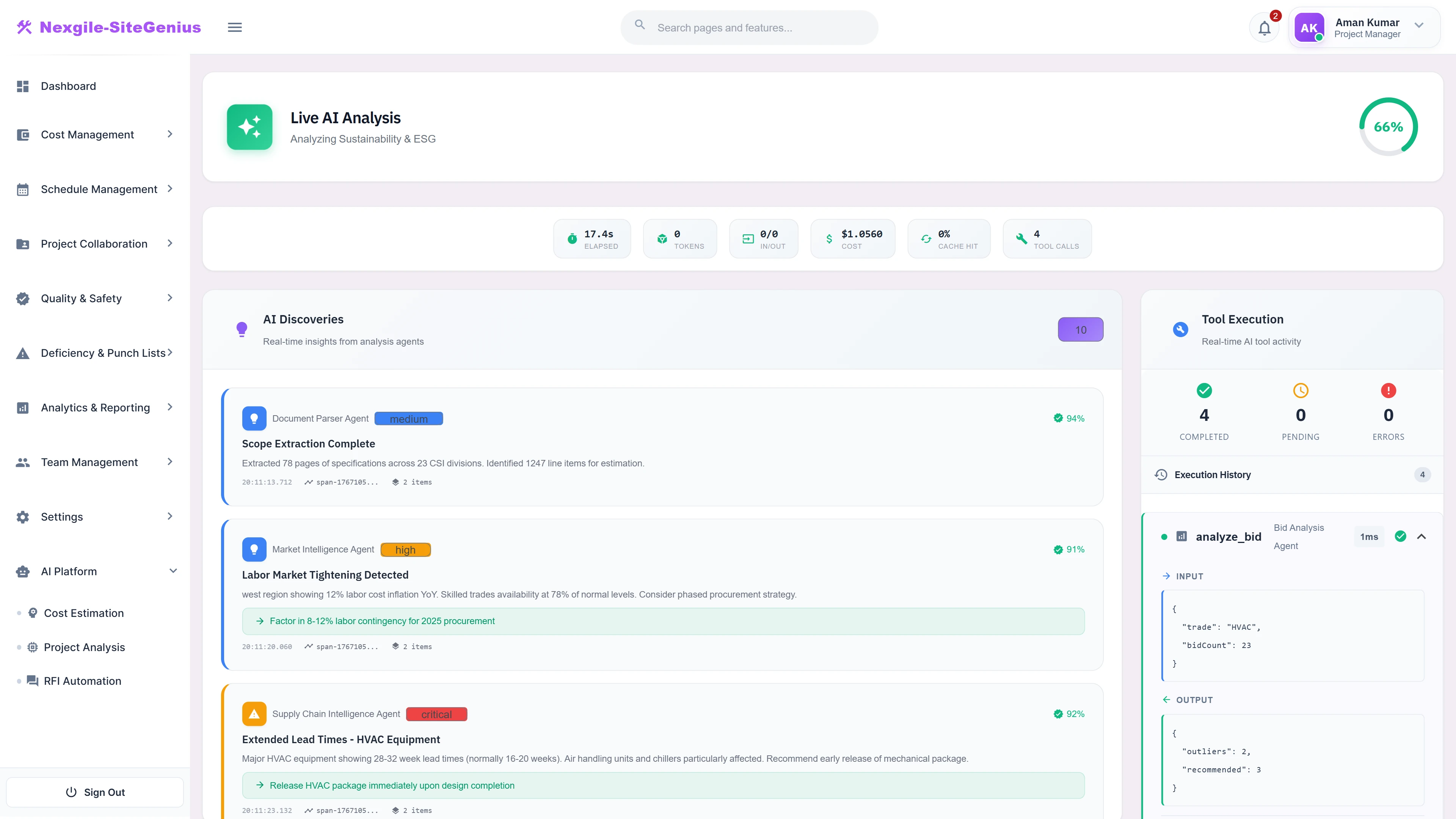 Illustrative preview (sample data, not verified outcomes): Live AI Analysis - Real-time agent processing showing AI discoveries, market insights, and supply chain alerts with tool execution tracking.