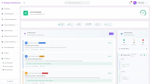 Illustrative preview (sample data, not verified outcomes): Live AI Analysis - Real-time agent processing showing AI discoveries, market insights, and supply chain alerts with tool execution tracking.