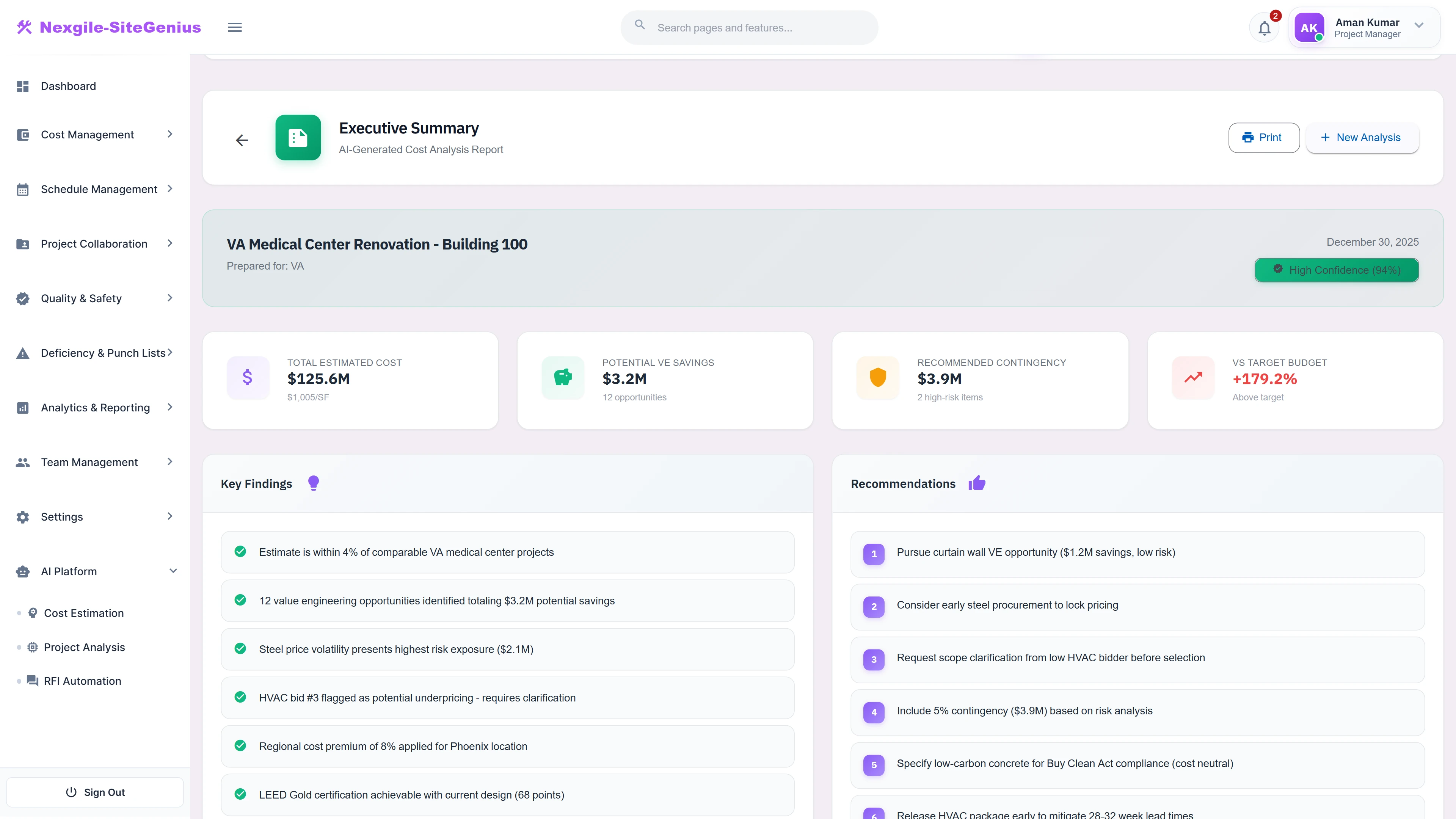 Illustrative preview (sample data, not verified outcomes): Executive Summary - AI-generated cost report with total estimate, VE savings opportunities, contingency recommendations, and key findings.
