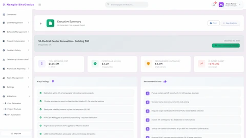 Illustrative preview (sample data, not verified outcomes): Executive Summary - AI-generated cost report with total estimate, VE savings opportunities, contingency recommendations, and key findings.