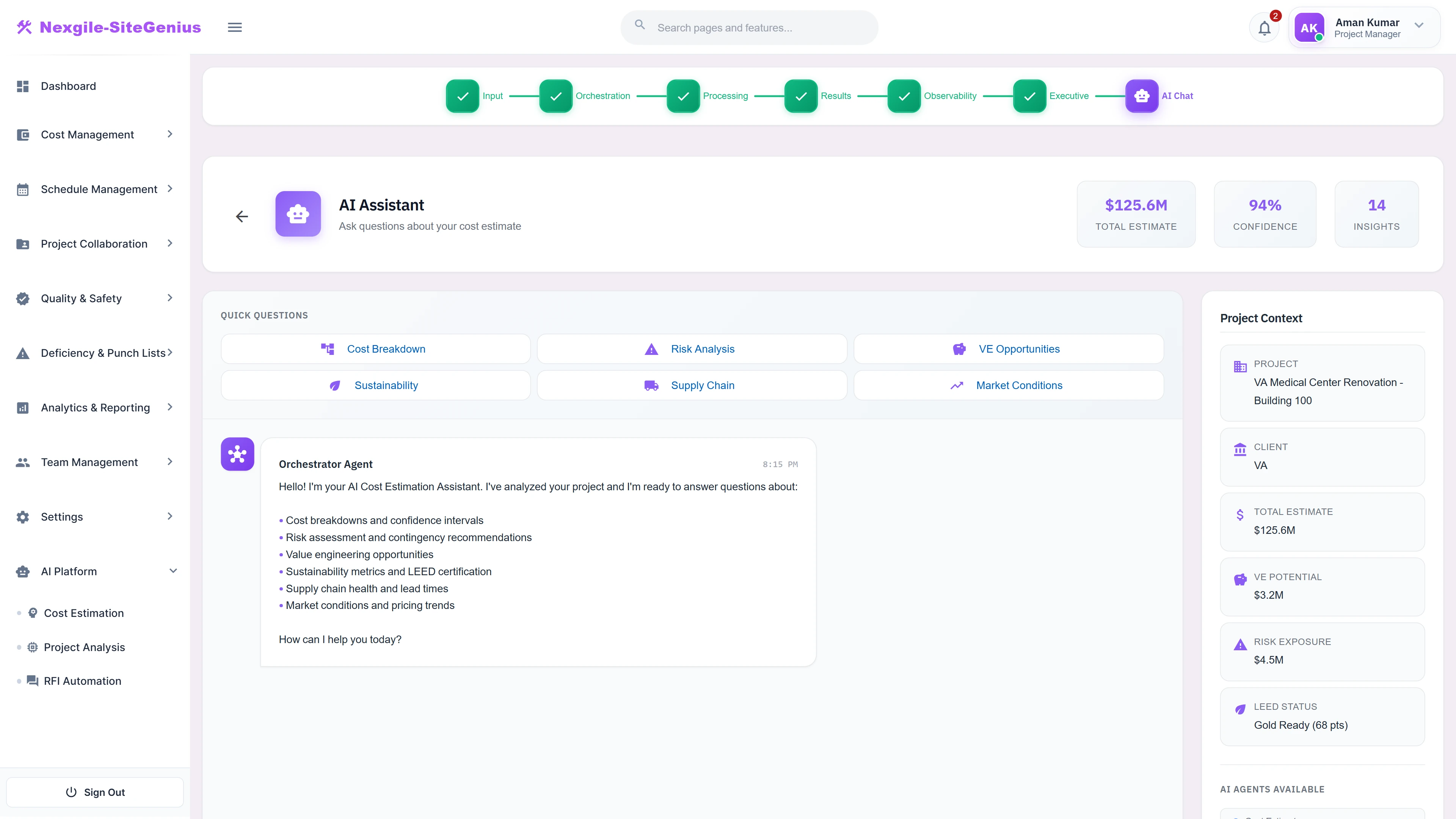 Illustrative preview (sample data, not verified outcomes): AI Chat Assistant - Conversational interface for querying cost breakdowns, risk analysis, VE opportunities, and market conditions.