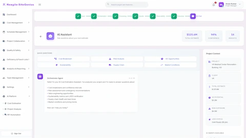 Illustrative preview (sample data, not verified outcomes): AI Chat Assistant - Conversational interface for querying cost breakdowns, risk analysis, VE opportunities, and market conditions.