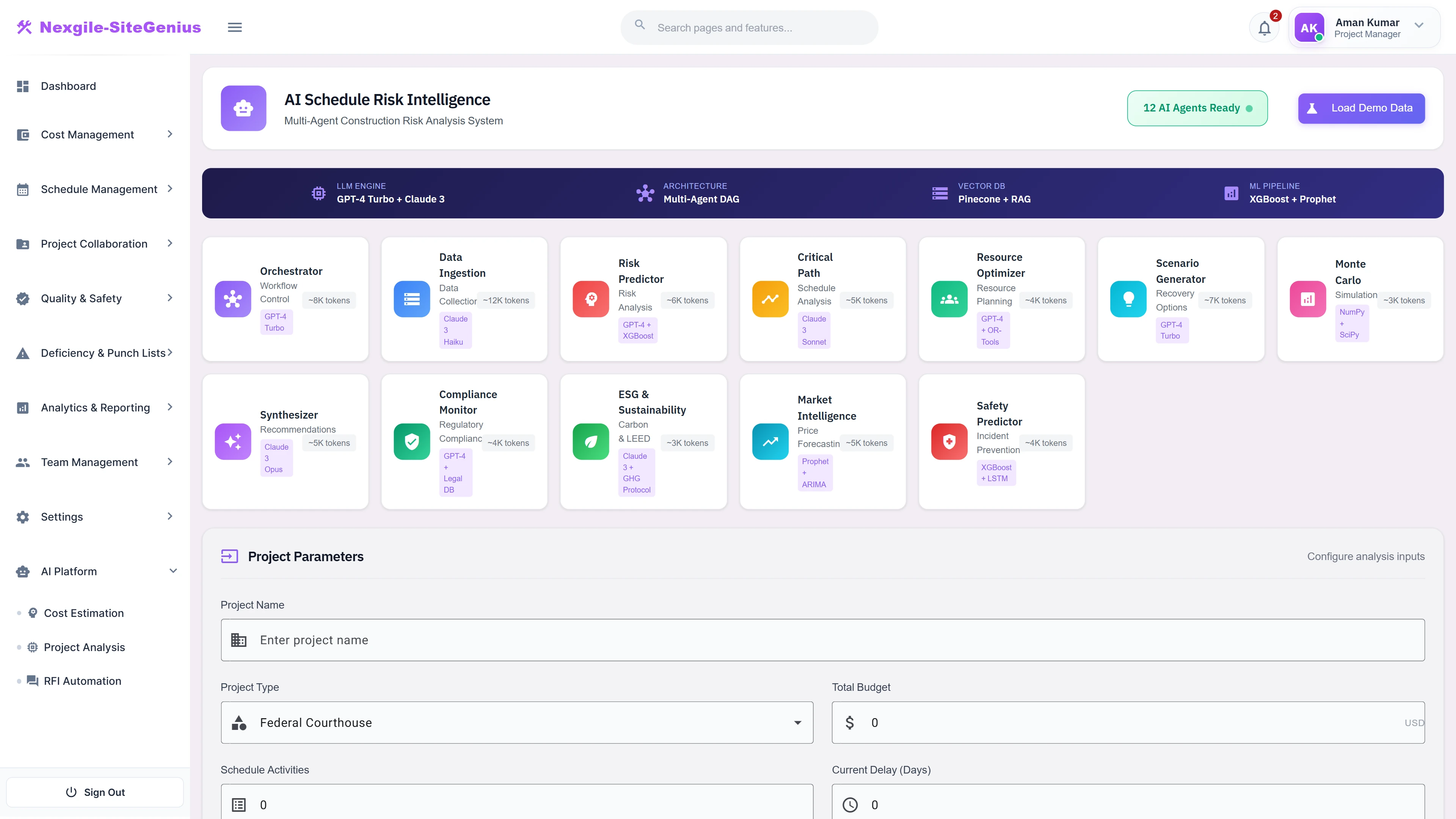 Illustrative preview (sample data, not verified outcomes): Agent Overview - 12 AI agents displayed with their ML models, showing project parameters input and technology stack configuration.