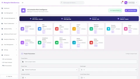 Illustrative preview (sample data, not verified outcomes): Agent Overview - 12 AI agents displayed with their ML models, showing project parameters input and technology stack configuration.