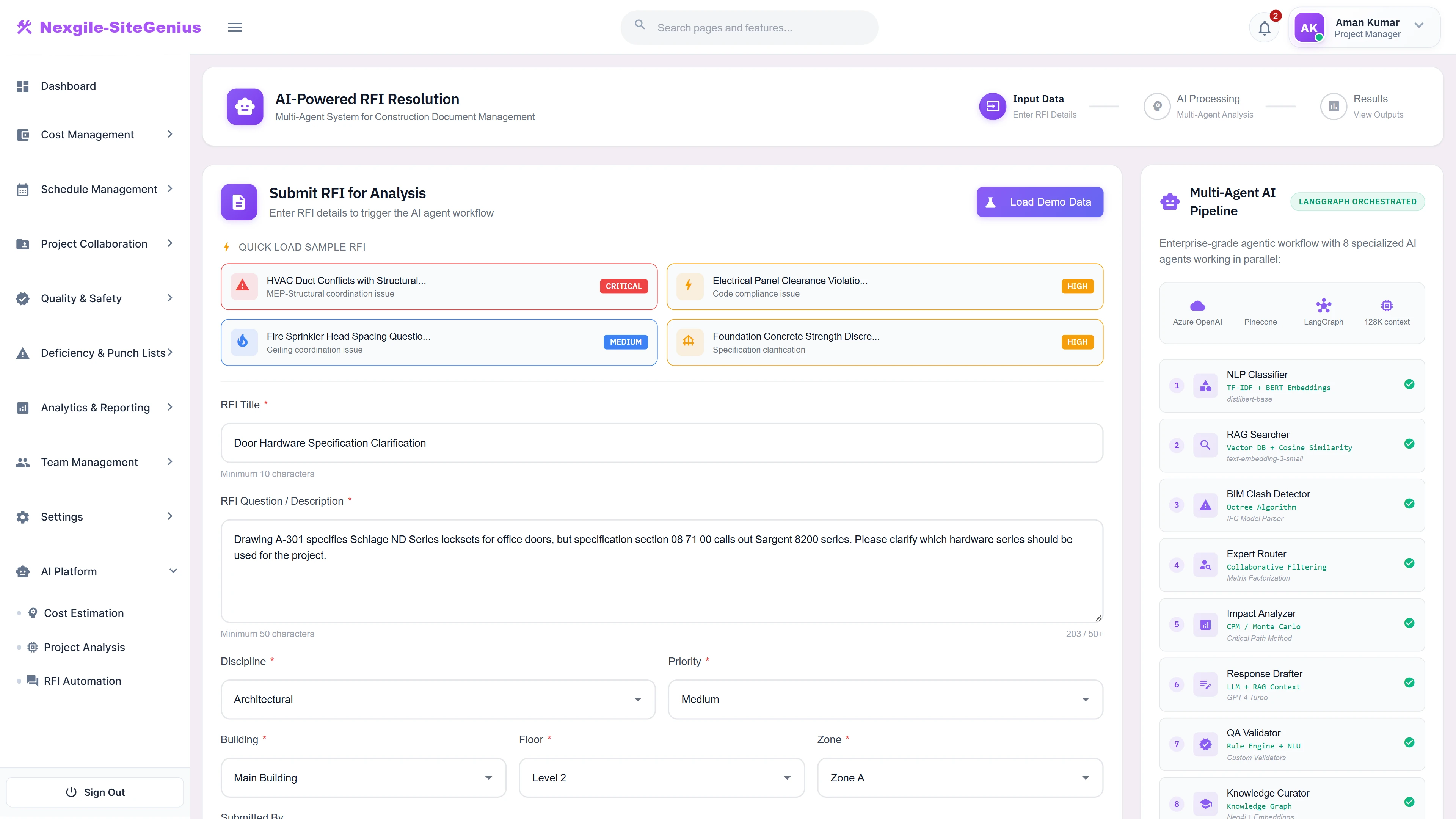 Illustrative preview (sample data, not verified outcomes): RFI Submission - Input form with sample RFIs, discipline selection, and 8-agent pipeline overview showing NLP, RAG, and BIM capabilities.