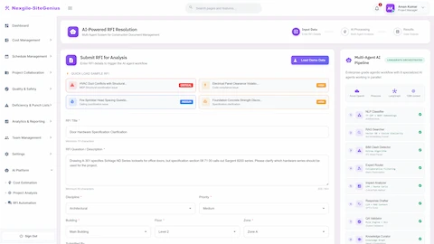 Illustrative preview (sample data, not verified outcomes): RFI Submission - Input form with sample RFIs, discipline selection, and 8-agent pipeline overview showing NLP, RAG, and BIM capabilities.