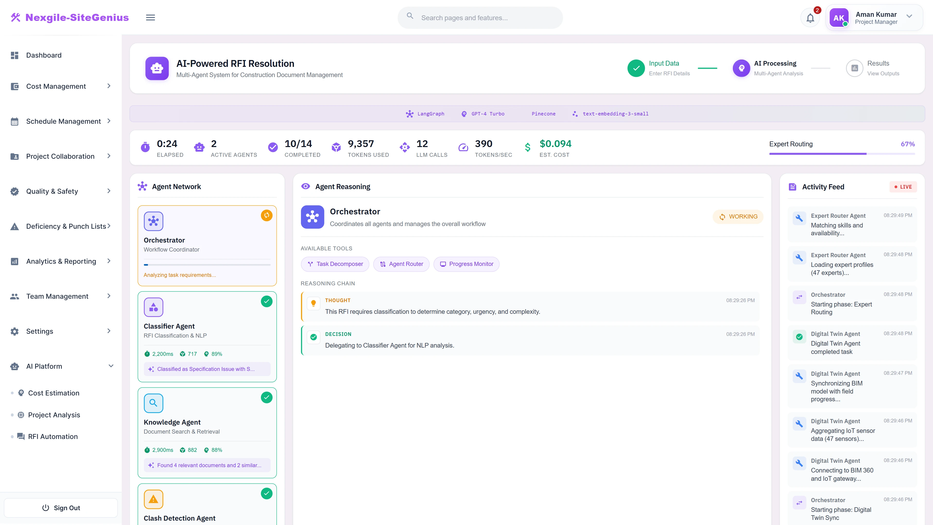 Illustrative preview (sample data, not verified outcomes): Multi-Agent Processing - Live orchestration view showing agent reasoning, classification results, and real-time activity feed with cost tracking.