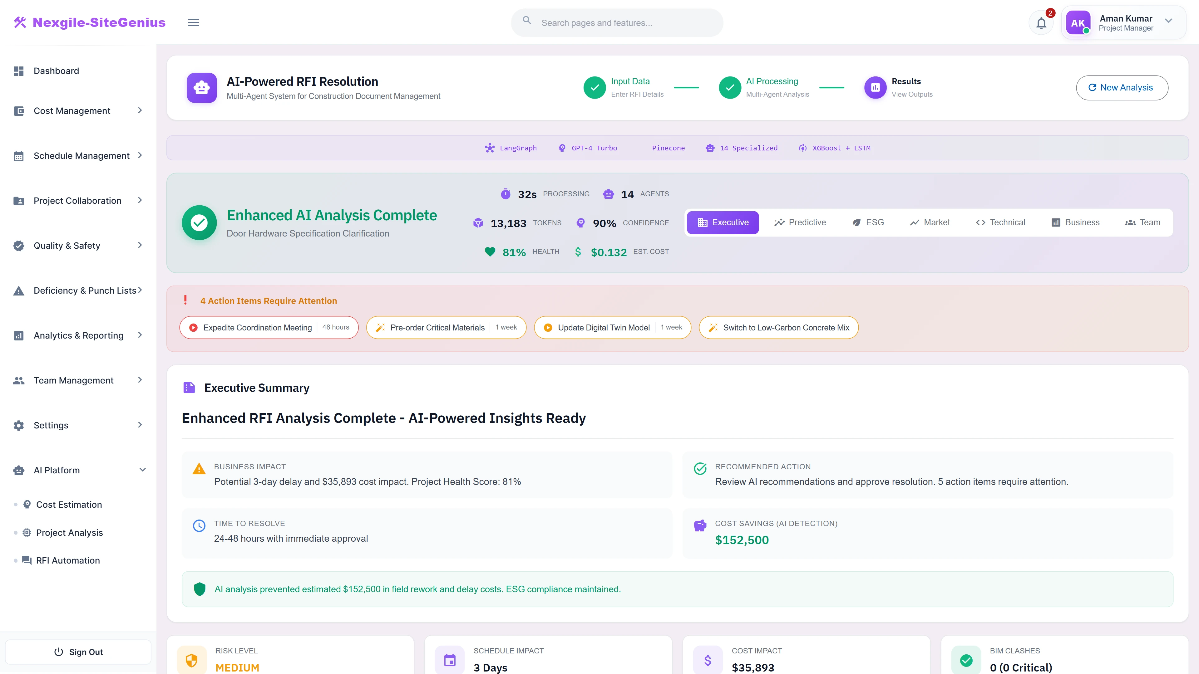 Illustrative preview (sample data, not verified outcomes): Executive Summary - Analysis results with business impact, resolution timeline, AI-detected cost savings, and prioritized action items.