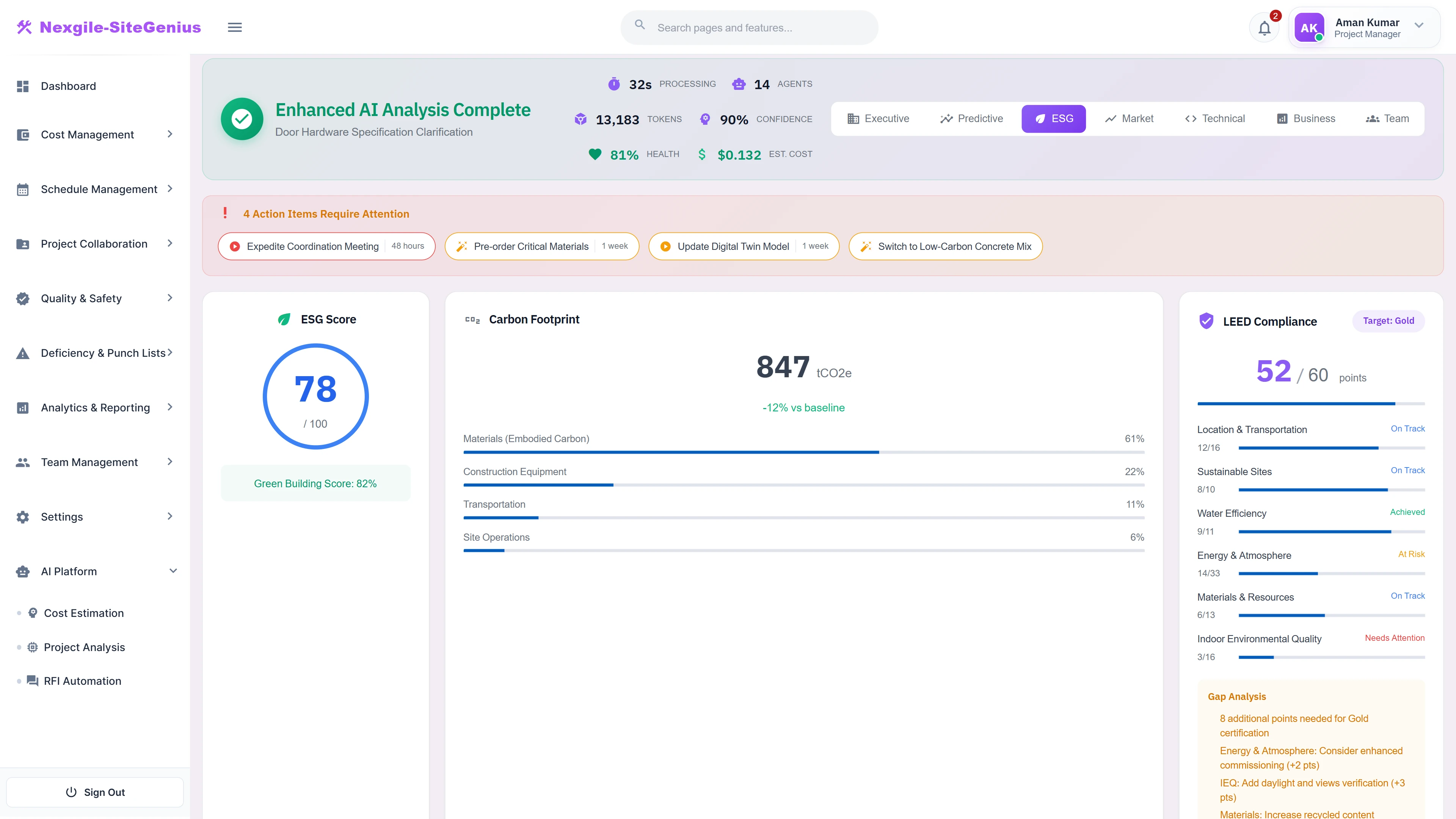 Illustrative preview (sample data, not verified outcomes): ESG & Sustainability View - Carbon footprint analysis, LEED compliance tracking toward Gold certification, and gap analysis recommendations.