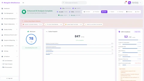 Illustrative preview (sample data, not verified outcomes): ESG & Sustainability View - Carbon footprint analysis, LEED compliance tracking toward Gold certification, and gap analysis recommendations.
