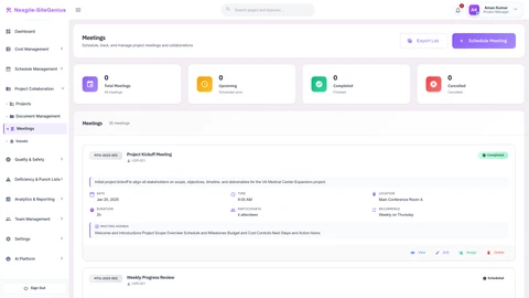Illustrative preview (sample data, not verified outcomes): Collaboration Meetings - Real-time meeting scheduling, agenda creation, and minutes recording interface