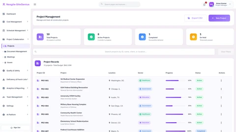 Illustrative preview (sample data, not verified outcomes): Projects Page - Centralized project portfolio view with real-time status and metrics