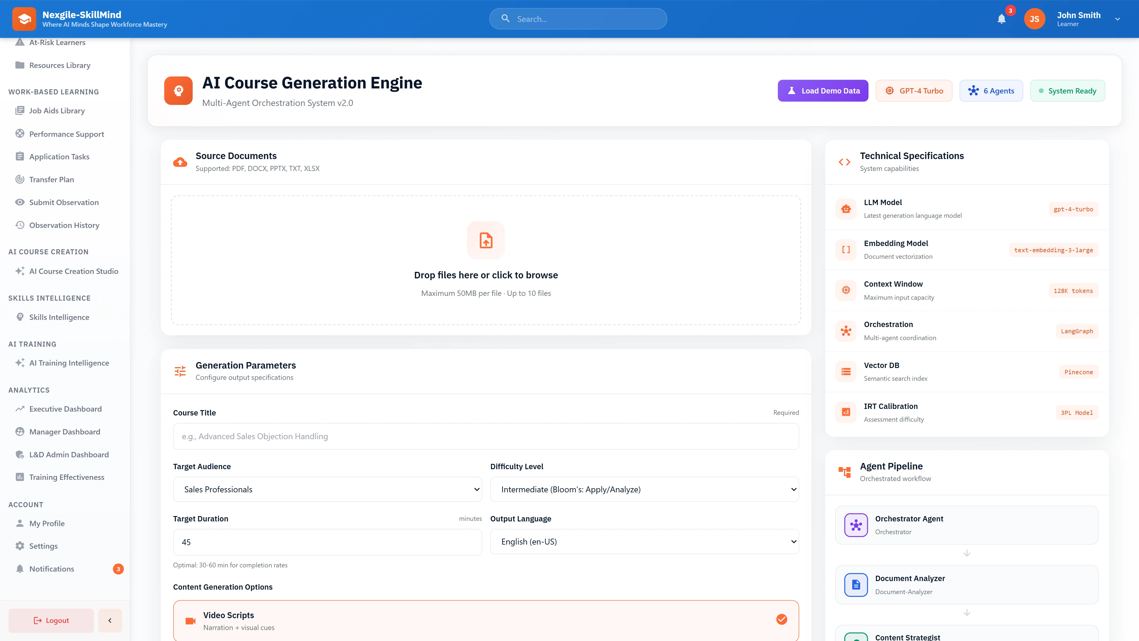 Illustrative preview (sample data, not verified outcomes): Course Generation Setup - Document upload interface with generation parameters, target audience settings, and agent pipeline configuration