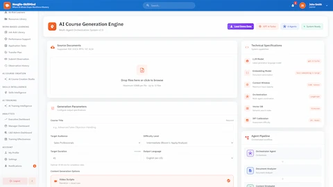 Illustrative preview (sample data, not verified outcomes): Course Generation Setup - Document upload interface with generation parameters, target audience settings, and agent pipeline configuration
