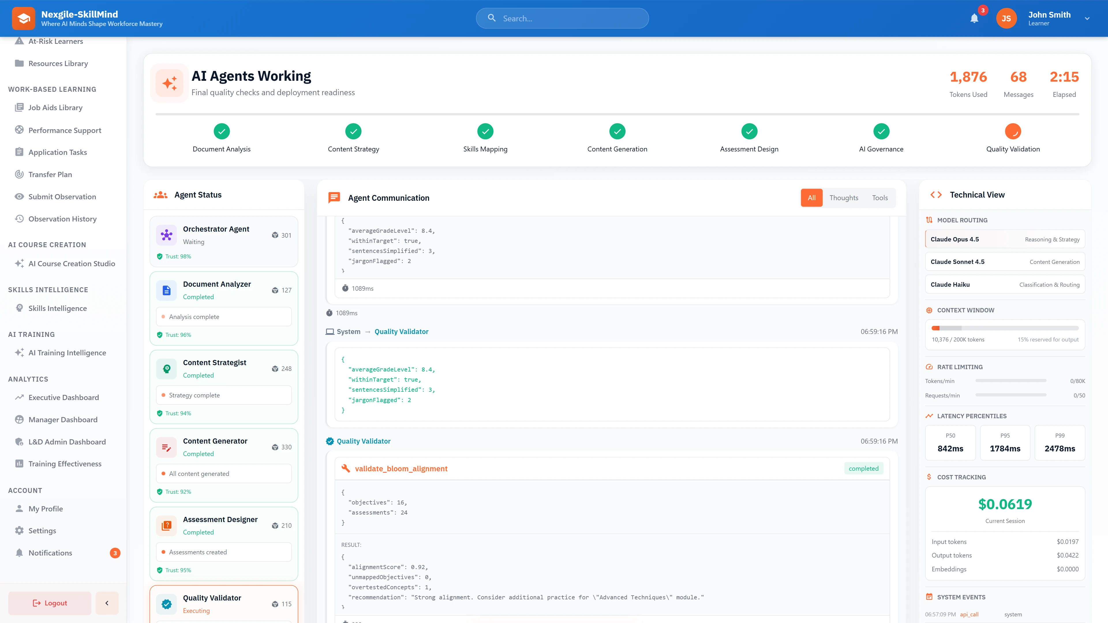 Illustrative preview (sample data, not verified outcomes): AI Agents Working - Multi-agent orchestration view showing workflow progress, agent status with trust scores, and real-time communication logs