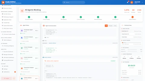 Illustrative preview (sample data, not verified outcomes): AI Agents Working - Multi-agent orchestration view showing workflow progress, agent status with trust scores, and real-time communication logs