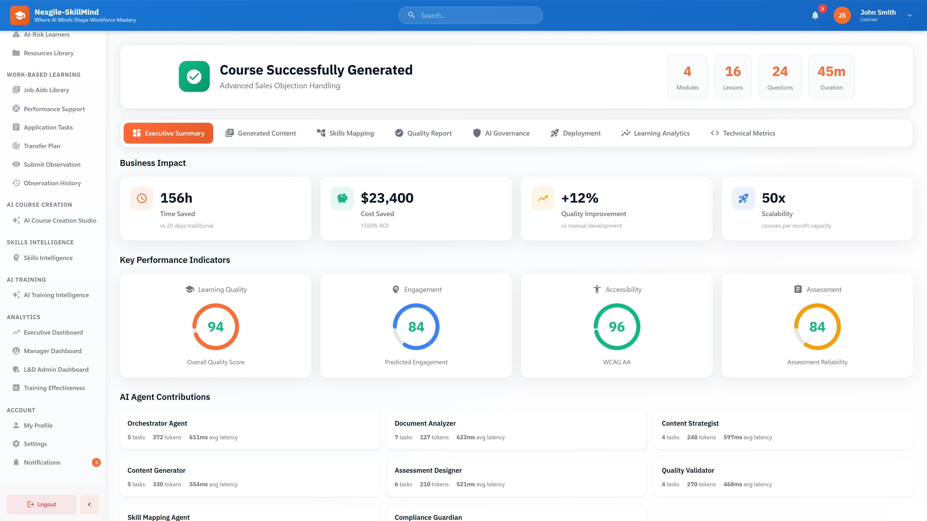 Illustrative preview (sample data, not verified outcomes): Executive Summary - Business impact metrics showing time/cost savings, KPI scores for quality, engagement, and accessibility compliance