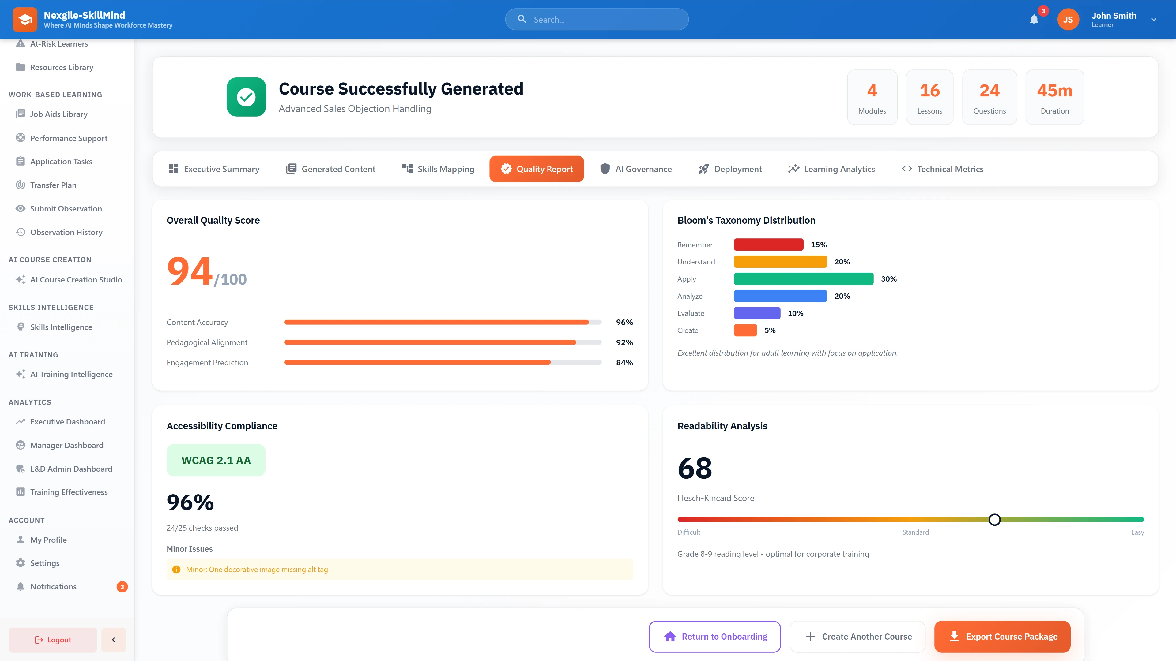 Illustrative preview (sample data, not verified outcomes): Quality Report - Comprehensive validation results with Bloom's Taxonomy distribution, WCAG 2.1 AA compliance, and readability analysis