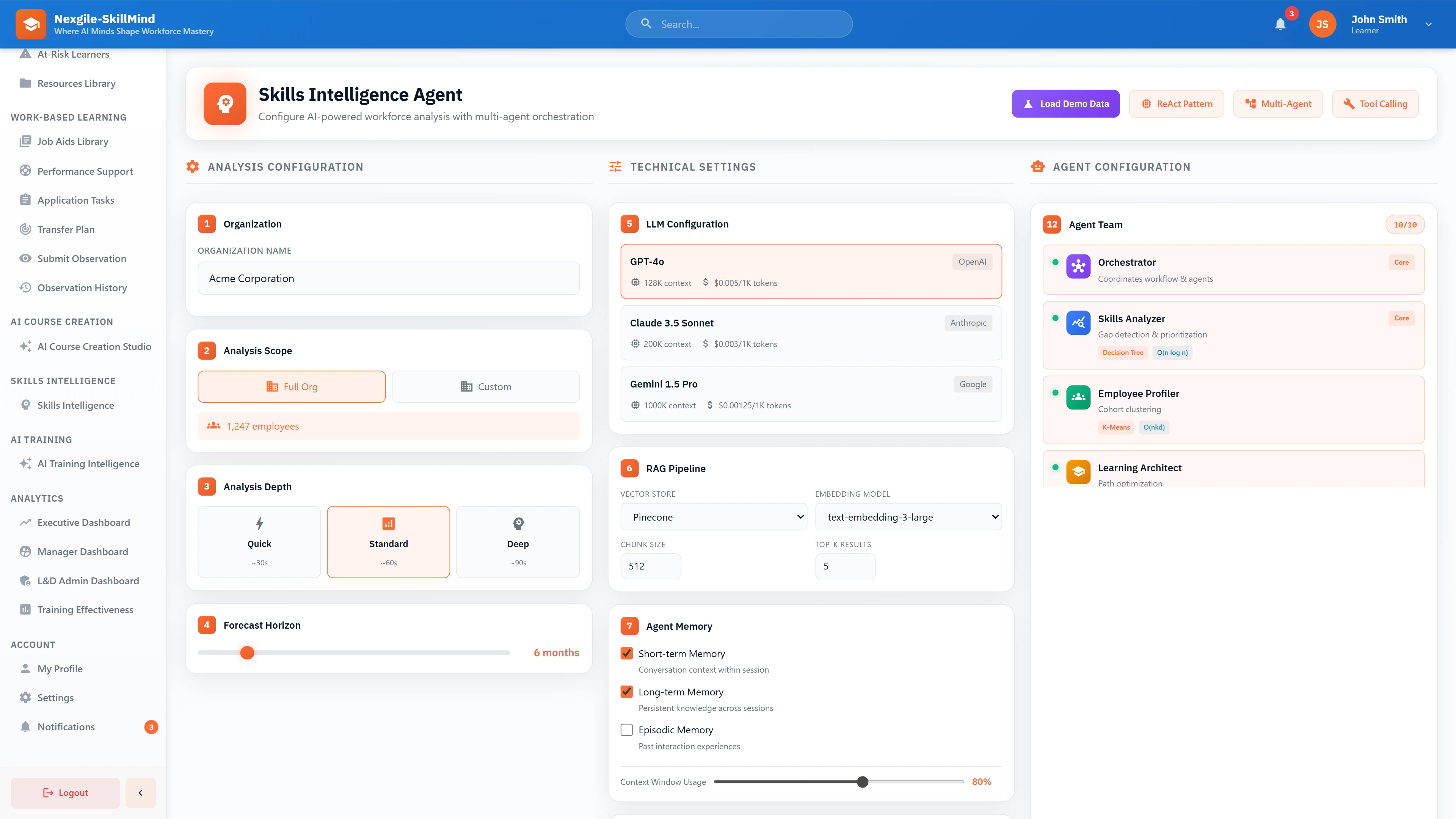 Illustrative preview (sample data, not verified outcomes): Analysis Configuration - Organization scope, analysis depth settings, LLM model selection, RAG pipeline configuration, and 10-agent team overview