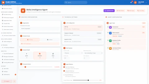 Illustrative preview (sample data, not verified outcomes): Analysis Configuration - Organization scope, analysis depth settings, LLM model selection, RAG pipeline configuration, and 10-agent team overview