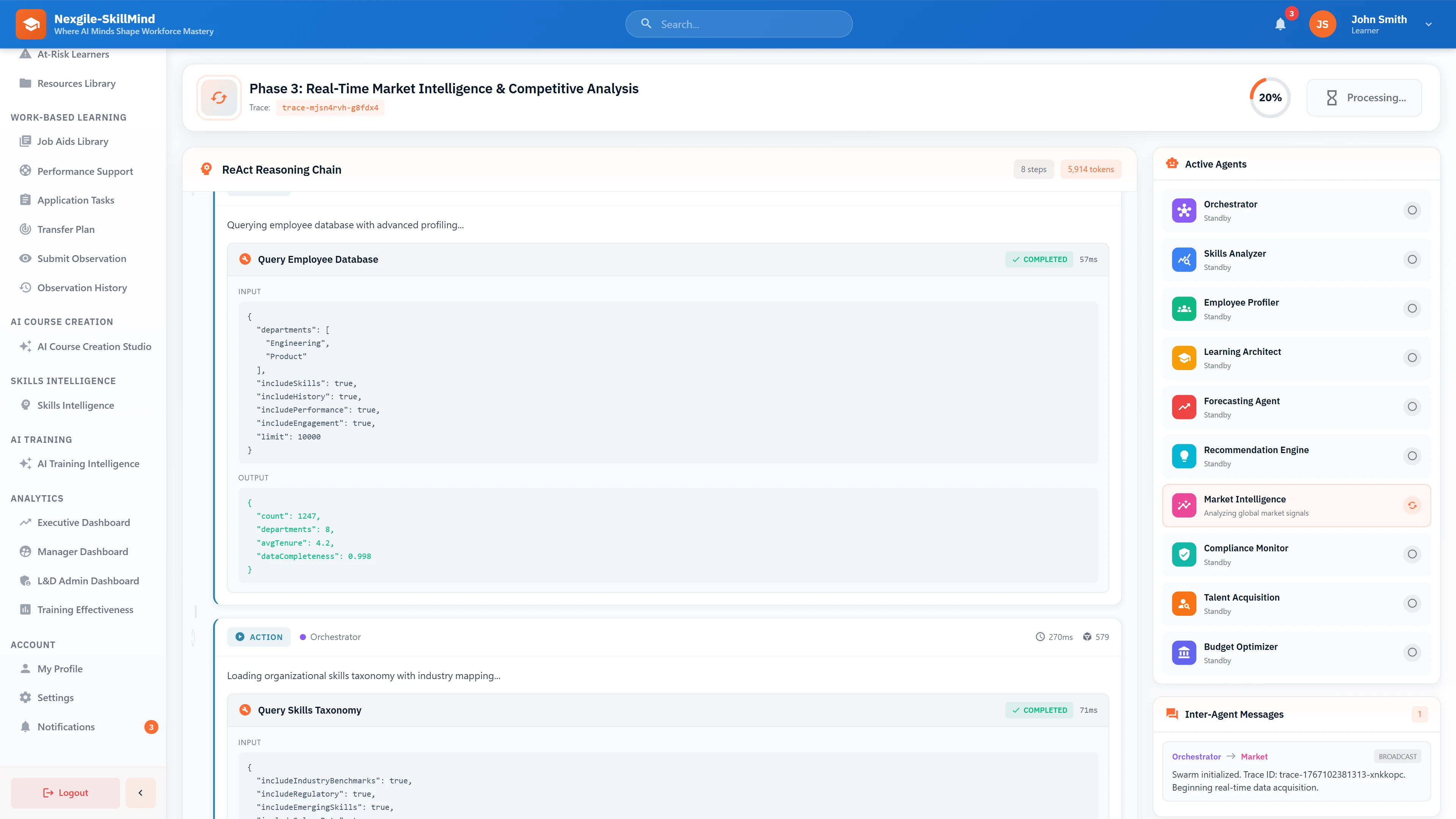Illustrative preview (sample data, not verified outcomes): ReAct Reasoning Chain - Real-time market intelligence phase showing agent tool calls, database queries, and inter-agent message coordination