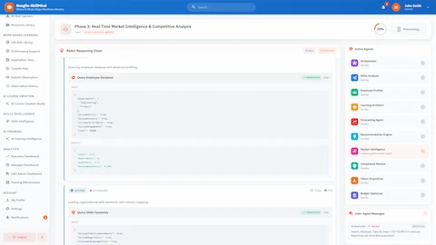 Illustrative preview (sample data, not verified outcomes): ReAct Reasoning Chain - Real-time market intelligence phase showing agent tool calls, database queries, and inter-agent message coordination