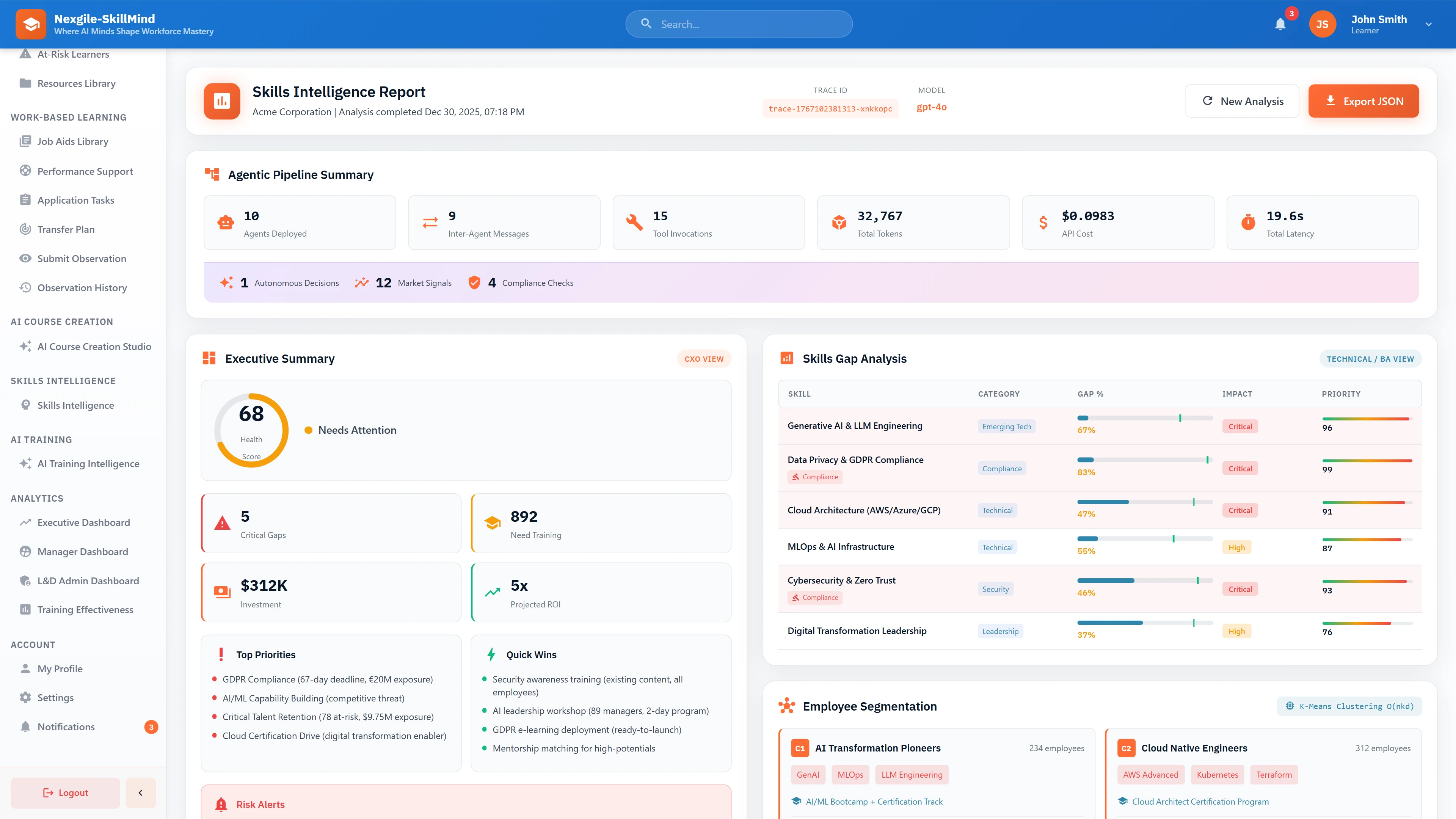 Illustrative preview (sample data, not verified outcomes): Skills Intelligence Report - Executive summary with health score, critical gaps analysis, employee segmentation clusters, and ROI projections