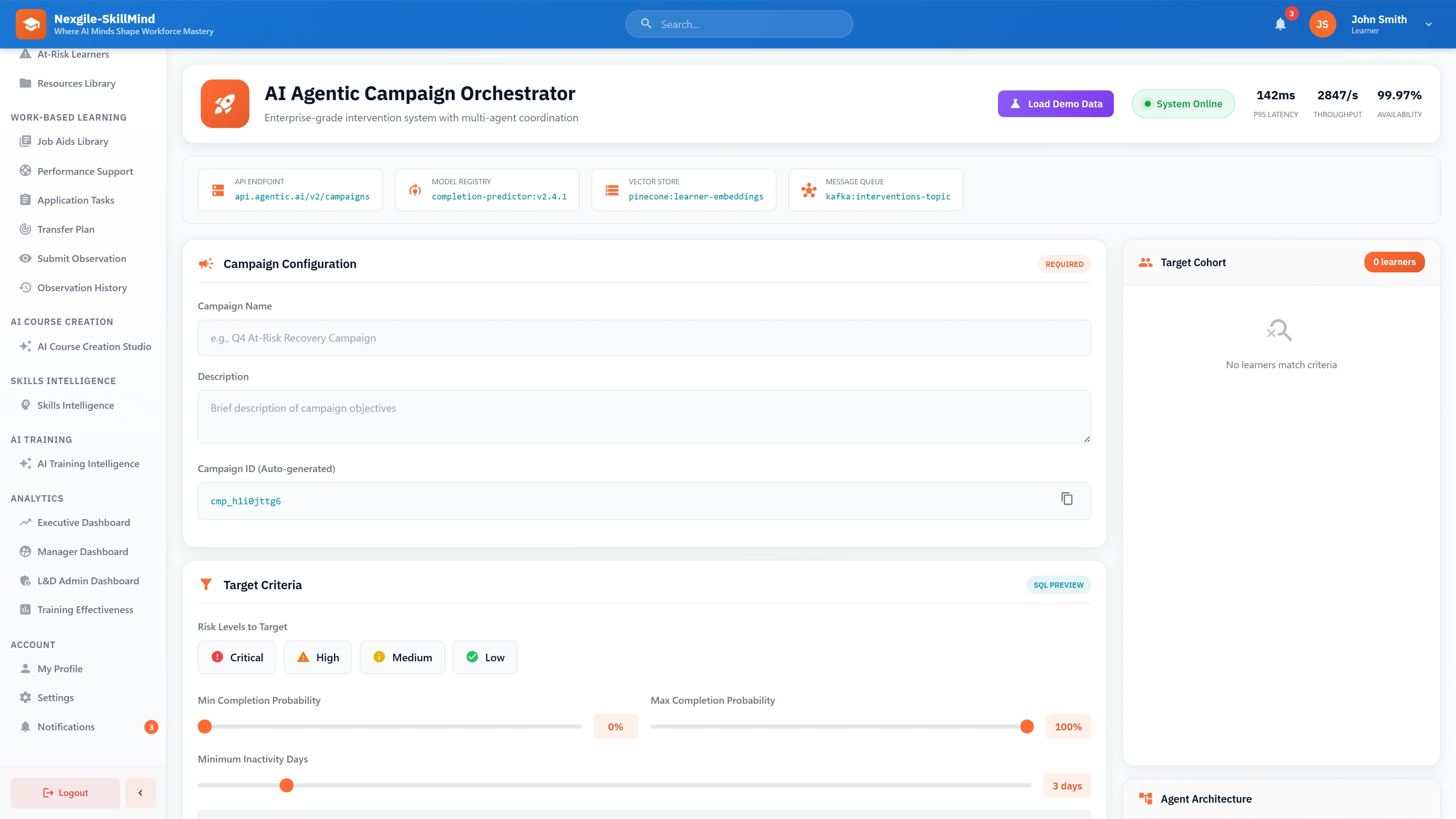 Illustrative preview (sample data, not verified outcomes): Campaign Configuration - Target criteria setup with risk level filters, completion probability thresholds, and inactivity day parameters