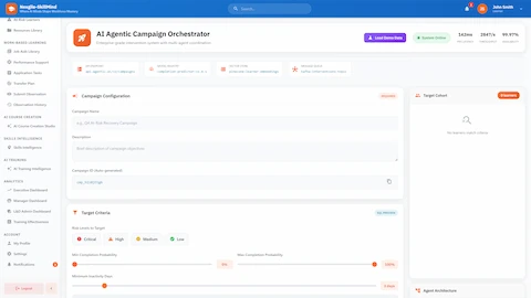 Illustrative preview (sample data, not verified outcomes): Campaign Configuration - Target criteria setup with risk level filters, completion probability thresholds, and inactivity day parameters