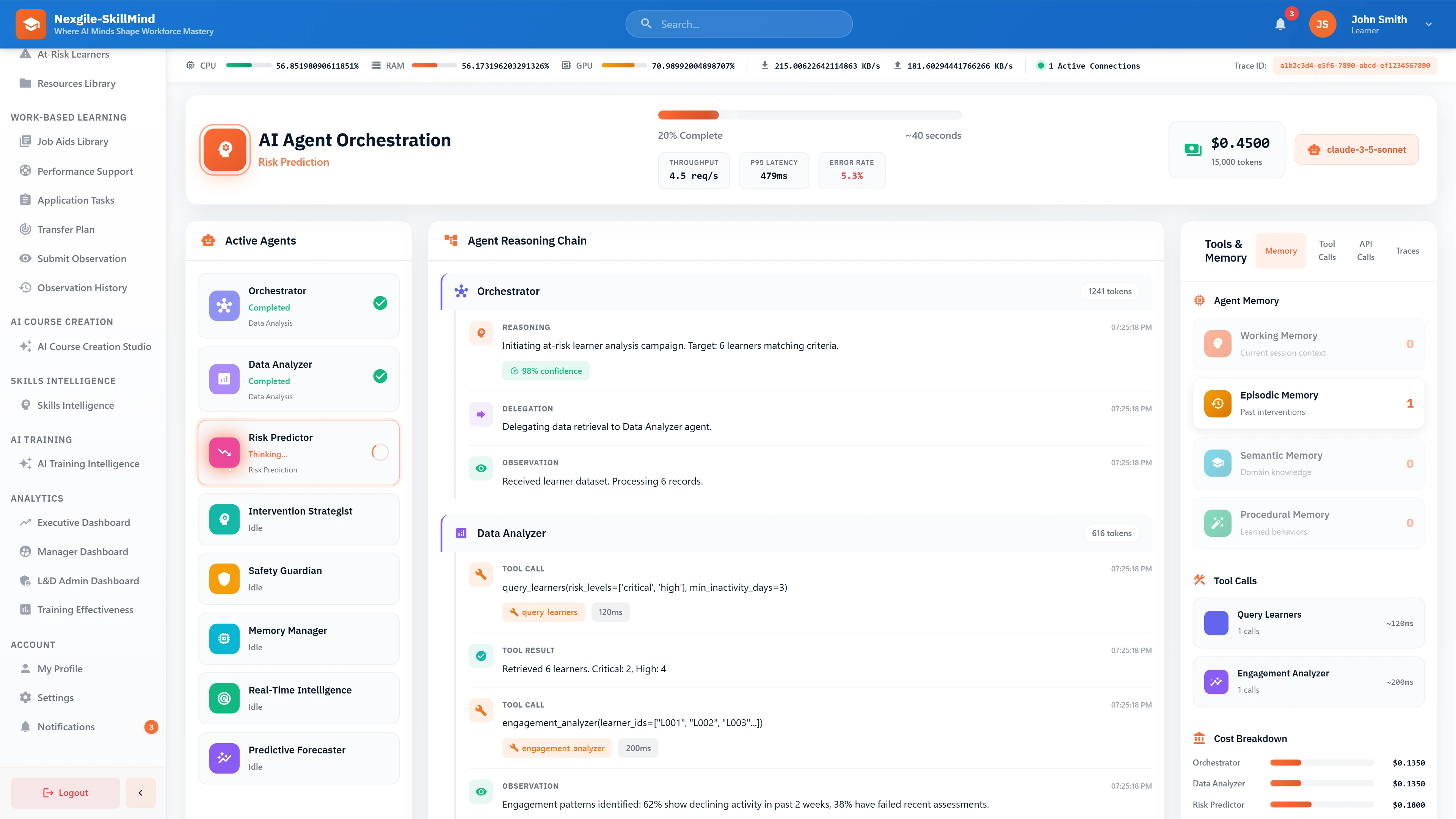 Illustrative preview (sample data, not verified outcomes): Agent Orchestration - Real-time risk prediction showing 8 active agents, reasoning chains, memory architecture, and cost tracking dashboard