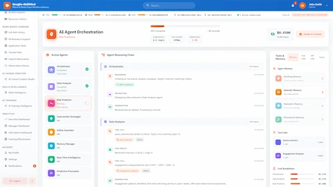 Illustrative preview (sample data, not verified outcomes): Agent Orchestration - Real-time risk prediction showing 8 active agents, reasoning chains, memory architecture, and cost tracking dashboard