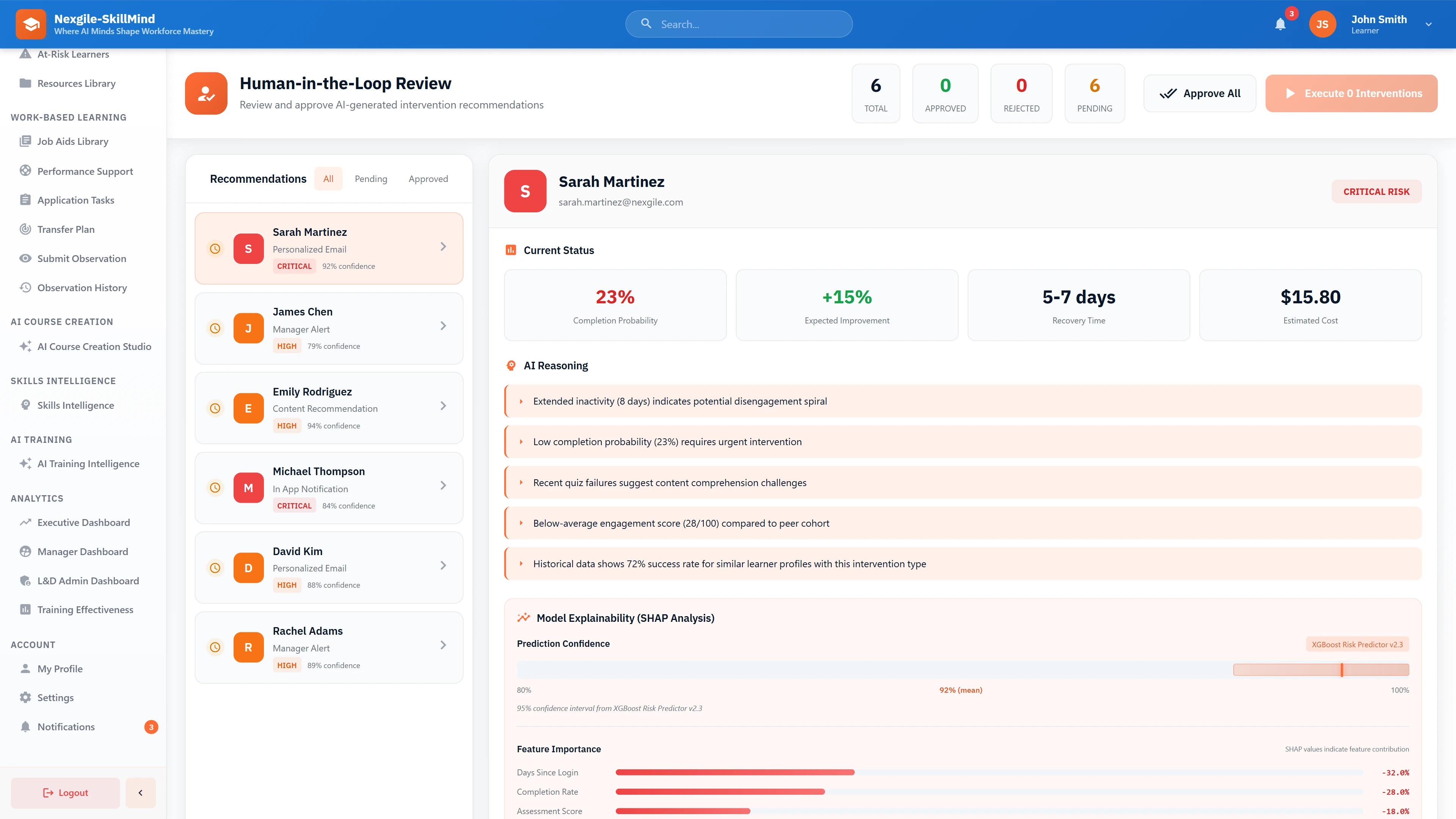 Illustrative preview (sample data, not verified outcomes): Human-in-the-Loop Review - AI-generated intervention recommendations with learner profiles, SHAP explainability analysis, and approval workflow