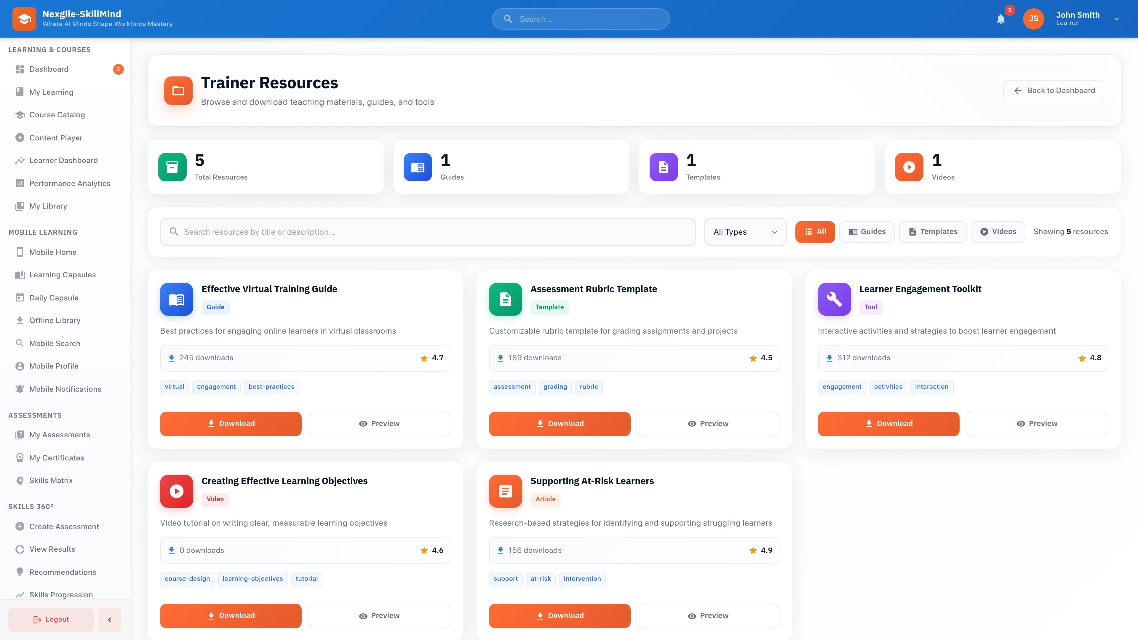 Illustrative preview (sample data, not verified outcomes): Trainer Resources Portal - Training materials, course content library, and resource management interface for trainers