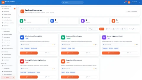 Illustrative preview (sample data, not verified outcomes): Trainer Resources Portal - Training materials, course content library, and resource management interface for trainers