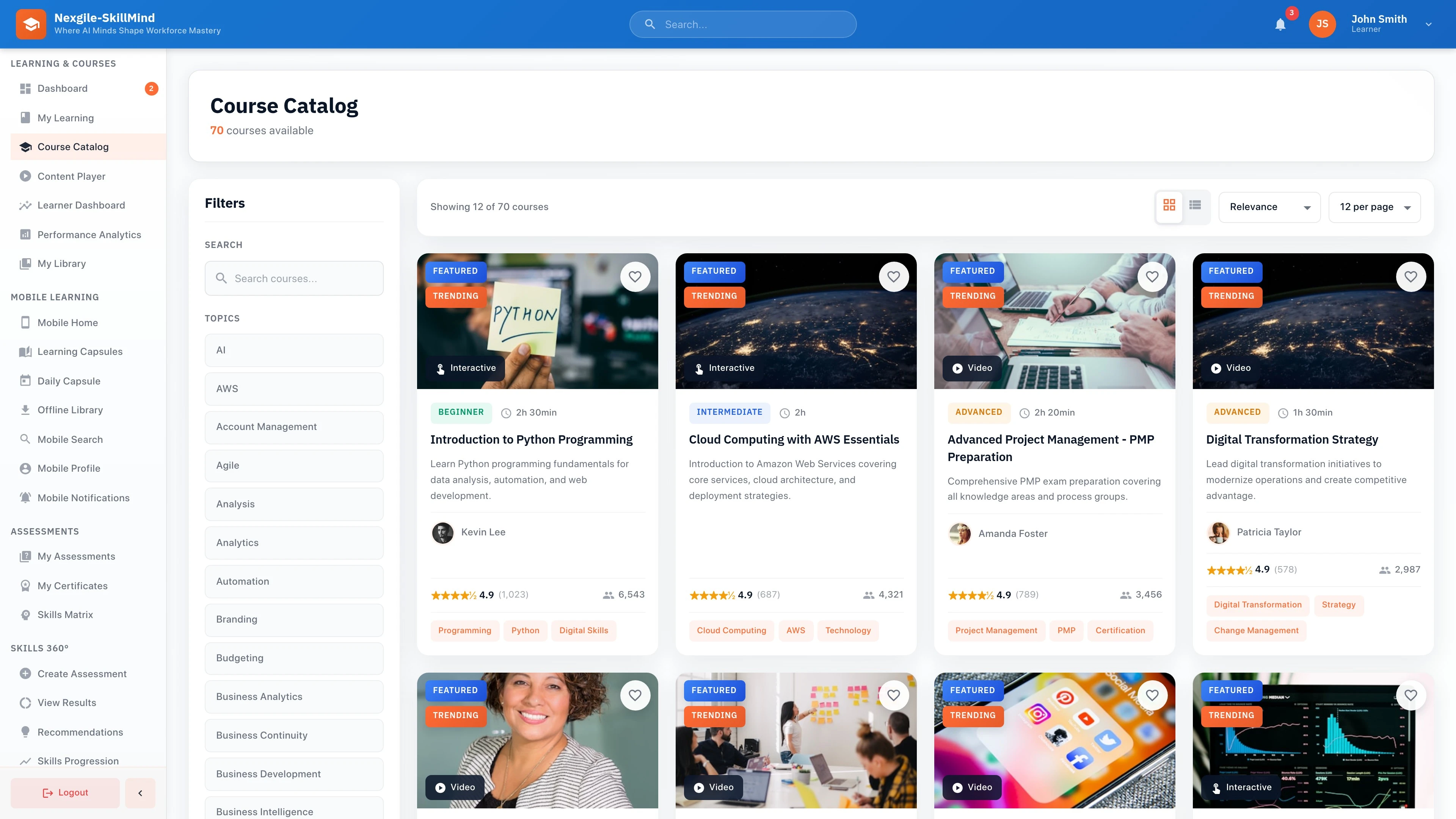 Illustrative preview (sample data, not verified outcomes): Course Catalog - Browse and discover available training courses with advanced filtering and search capabilities