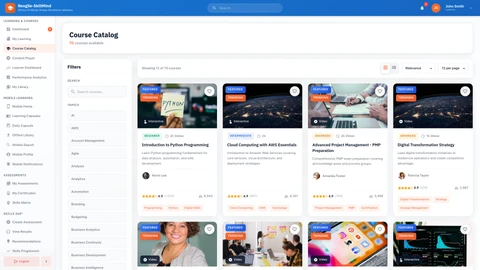 Illustrative preview (sample data, not verified outcomes): Course Catalog - Browse and discover available training courses with advanced filtering and search capabilities