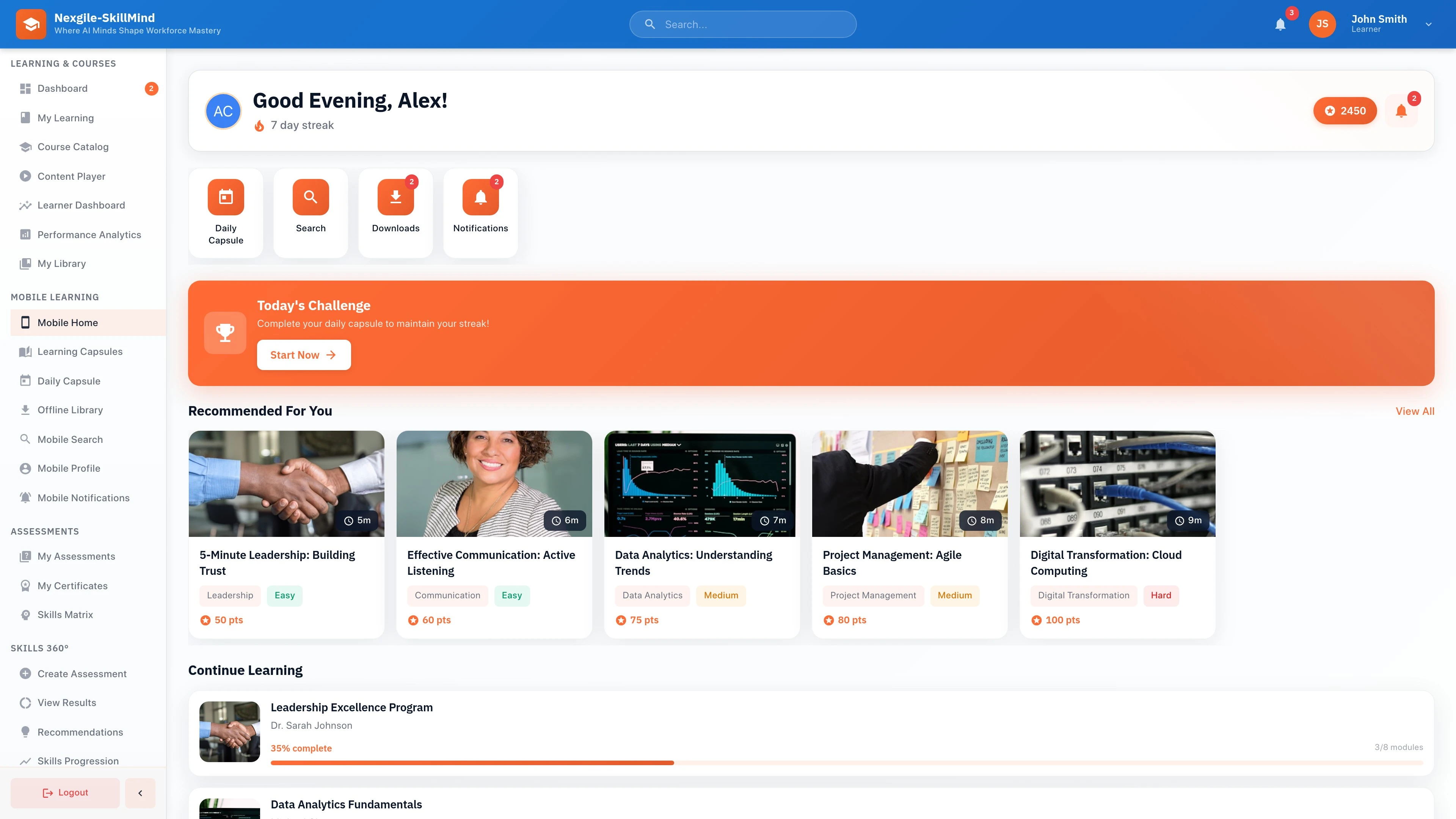 Illustrative preview (sample data, not verified outcomes): Mobile Learning Experience - Native mobile-optimized interface with microlearning capsules, swipeable card-based lessons, and offline content download capabilities
