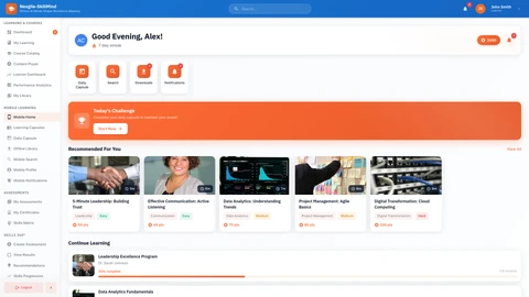Illustrative preview (sample data, not verified outcomes): Mobile Learning Experience - Native mobile-optimized interface with microlearning capsules, swipeable card-based lessons, and offline content download capabilities